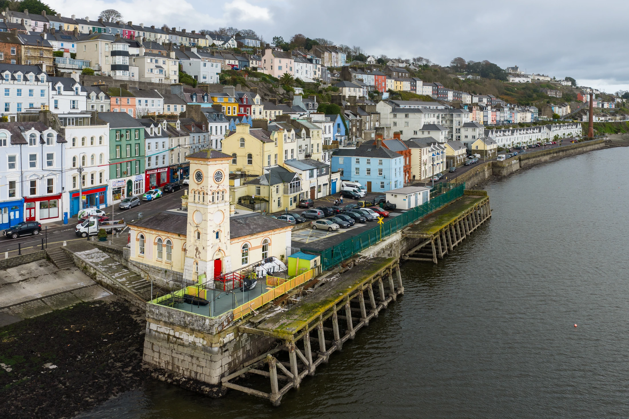 Aerial view of Cobh's colourful waterfront and the old town hall clock tower